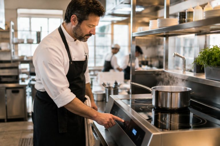 Chef regola un piano a induzione in una cucina professionale per il risparmio energetico