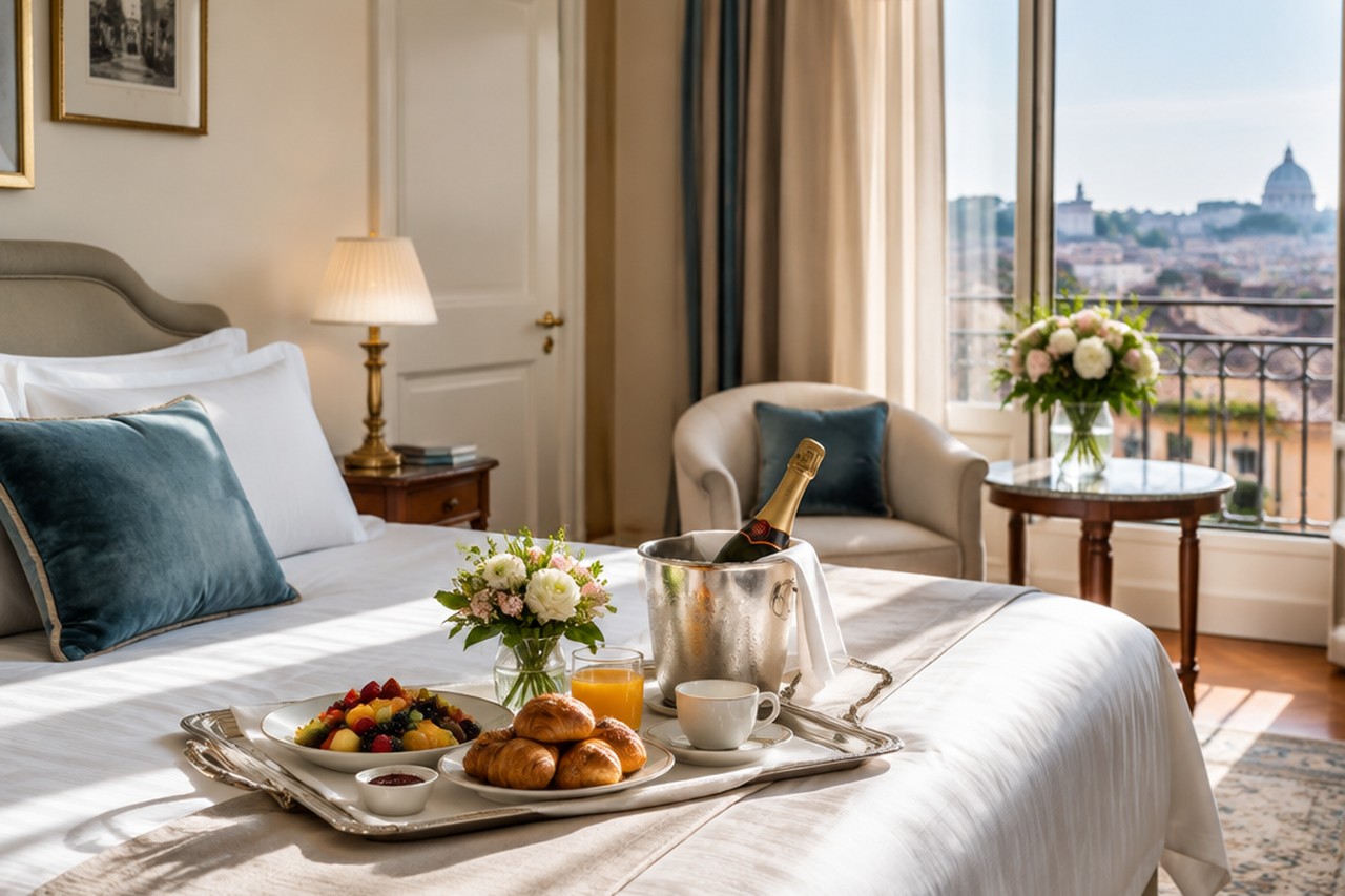 Camera d'hotel con colazione in camera, spumante e fiori come proposta di upselling