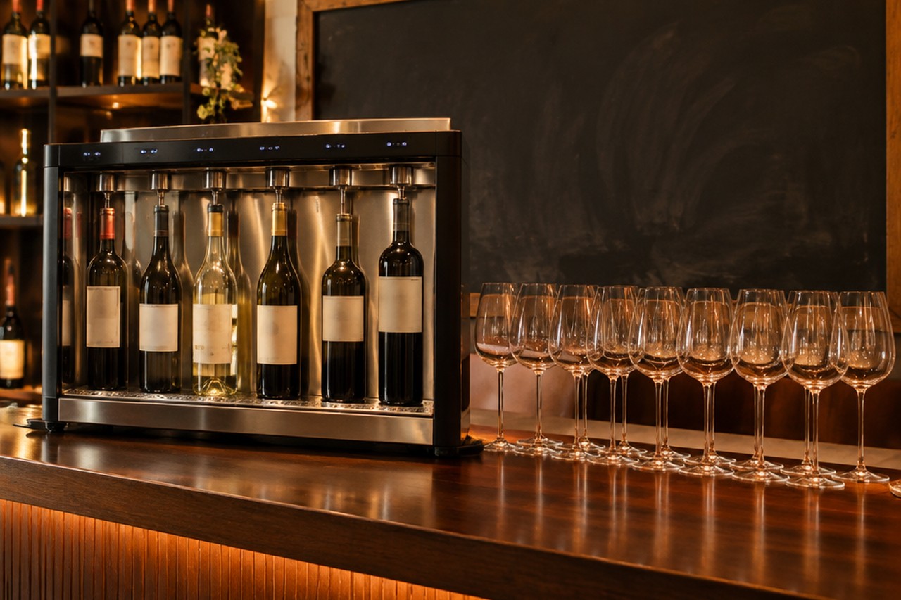 Bancone di un wine bar con bottiglie aperte su un sistema di conservazione e calici allineati