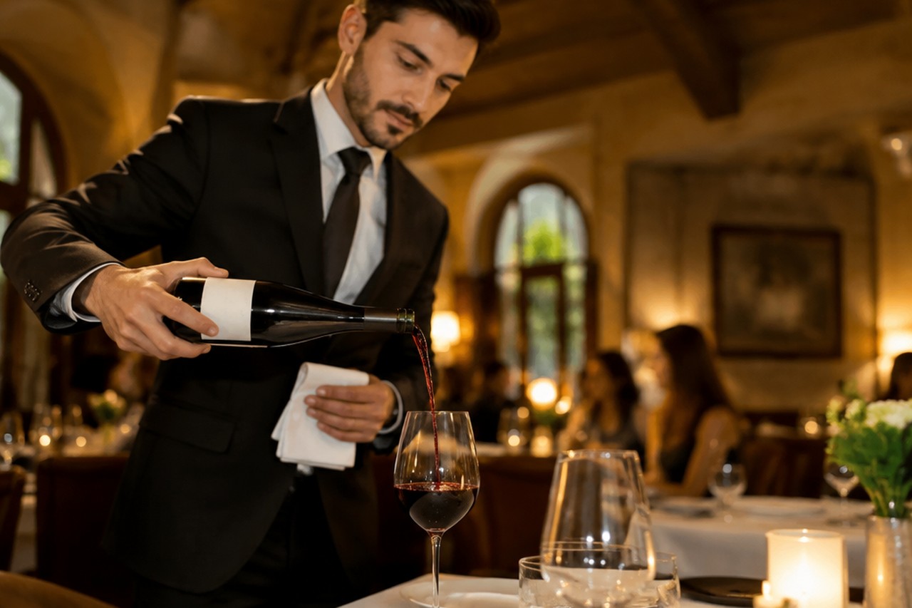 Sommelier che versa vino rosso in un calice al tavolo di un ristorante italiano